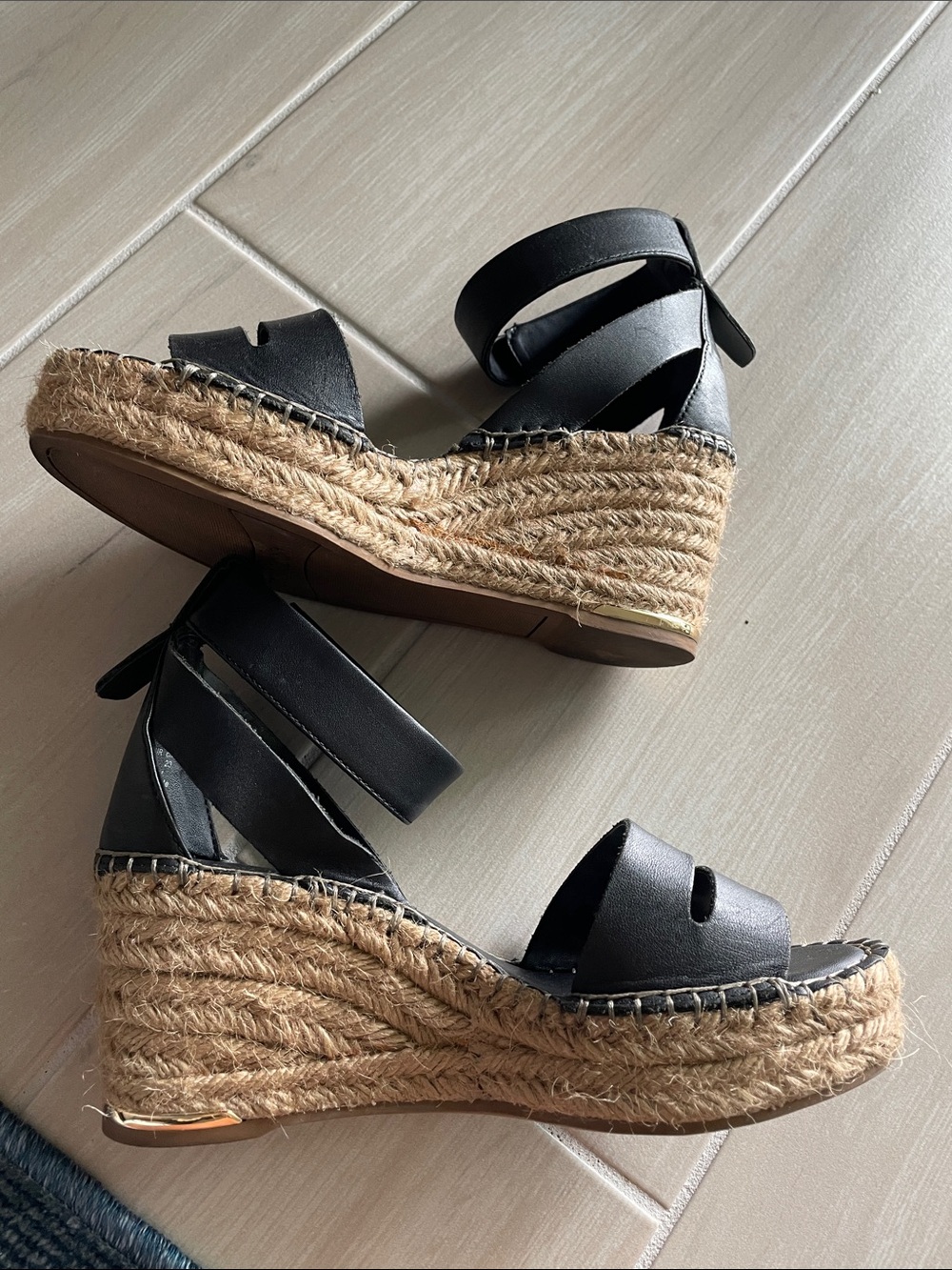 Franco Sarto Black Leather Espadrille Wedge Sandals with Ankle Strap - Picture 3 of 7